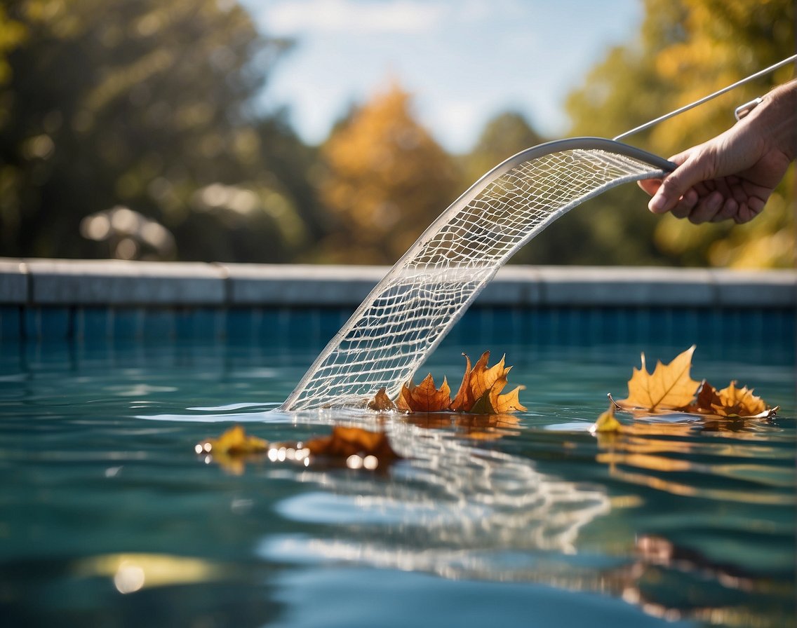 A pool skimmer glides across the water's surface, collecting leaves and debris. A net is held by a hand, reaching for a leaf