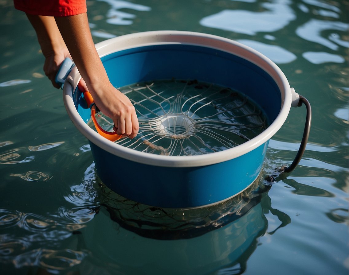 A person gathers a pool skimmer, net, and bucket. They remove debris from the water's surface, then empty the bucket