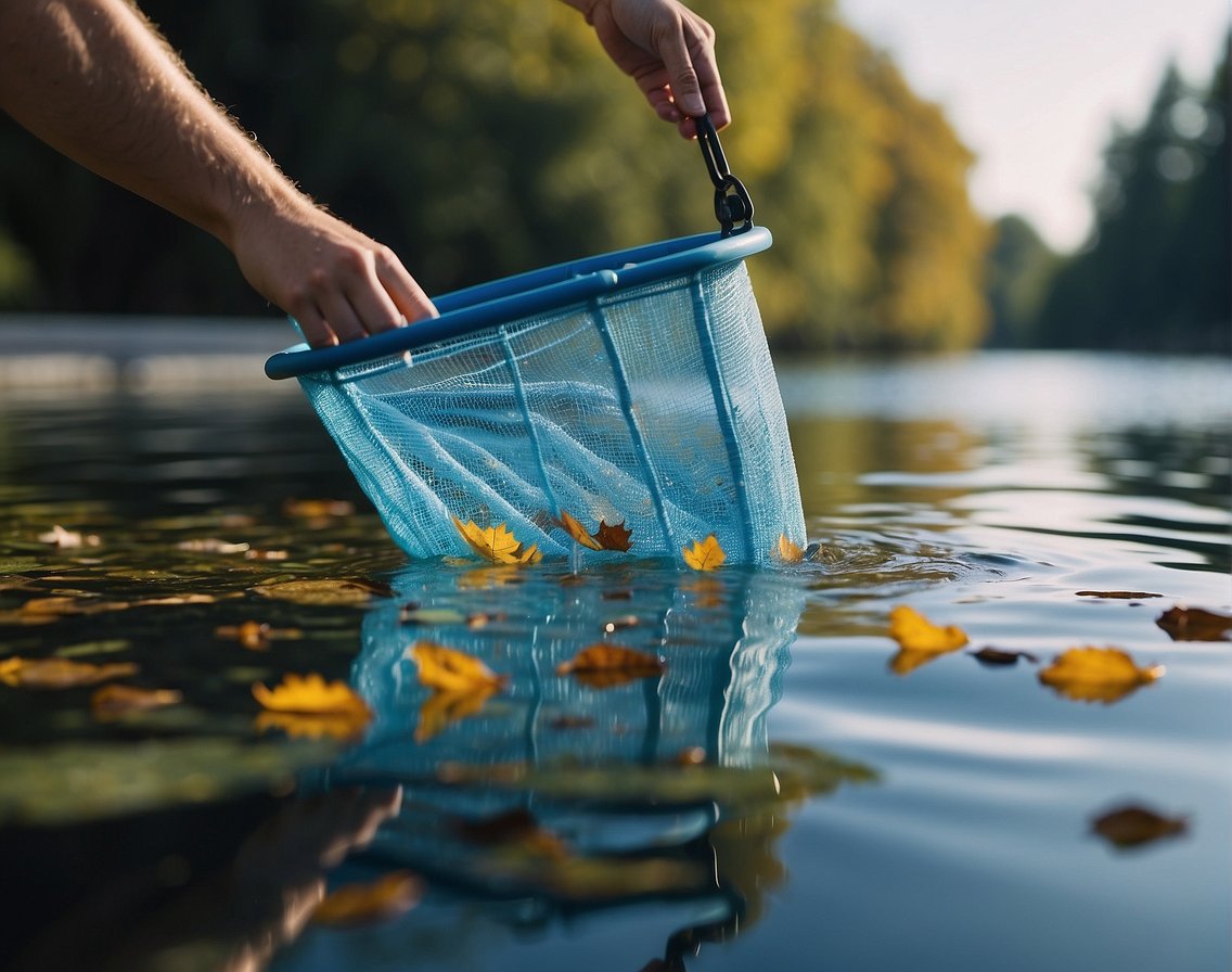 A pool skimmer glides across the water's surface, collecting leaves and debris. A net is held by a hand, pulling out unwanted items
