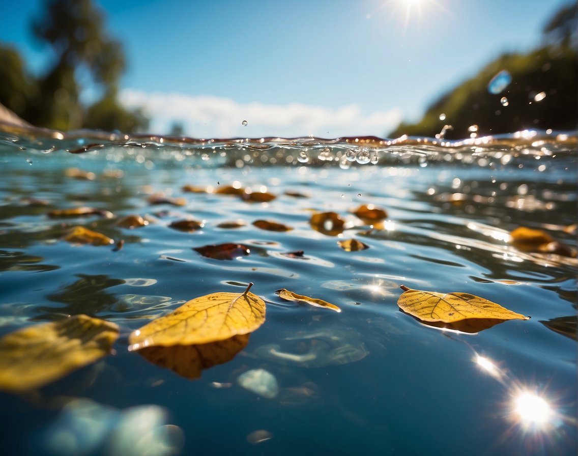 A pool skimmer glides across the water's surface, collecting leaves and debris. The sun shines down as the skimmer moves back and forth, maintaining the pool's cleanliness and water chemistry