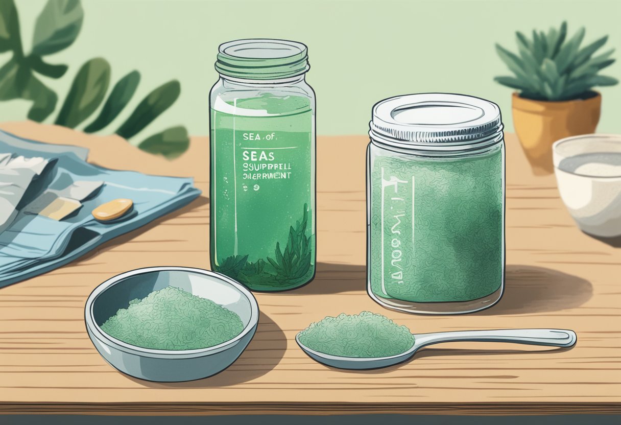A spoonful of sea moss gel sits on a countertop, next to a glass of water and a daily supplement container