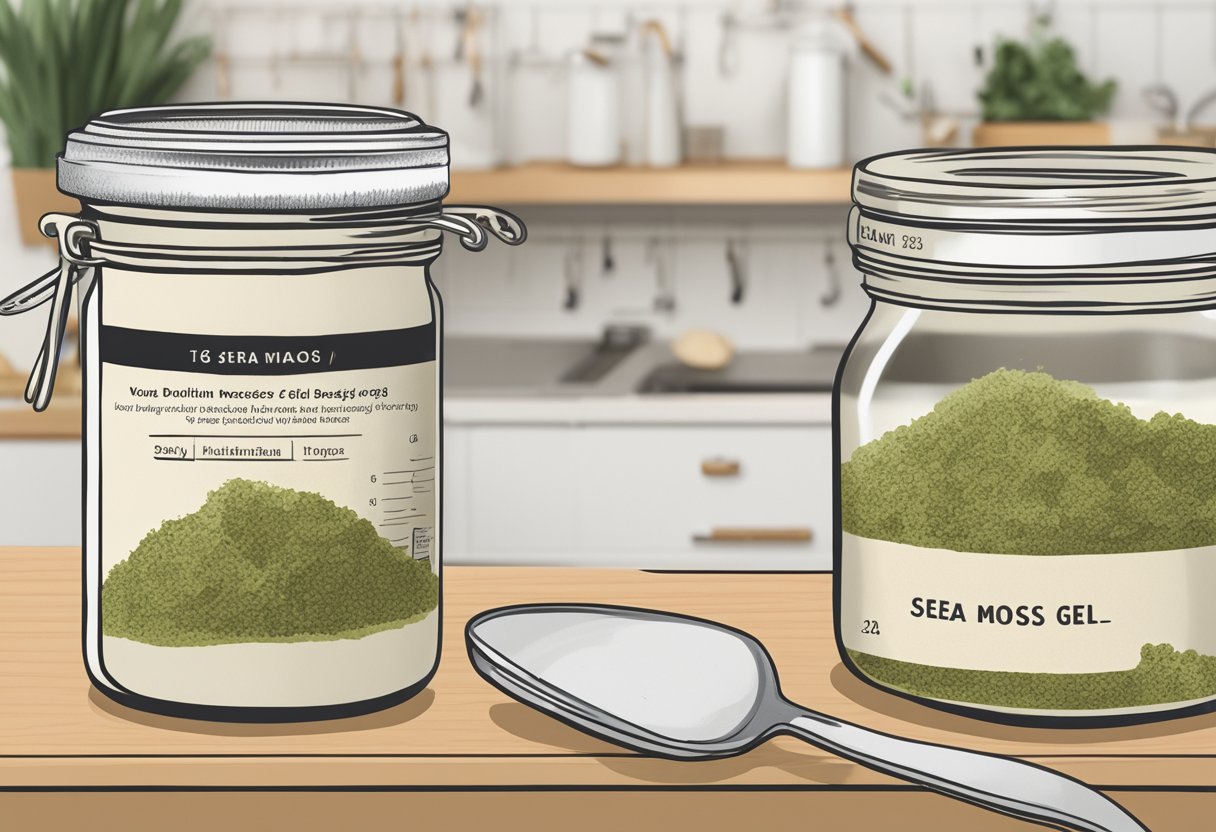 A jar of sea moss gel sits on a kitchen counter with a measuring spoon next to it, indicating the daily dosage. Nutritional information is displayed prominently on the label