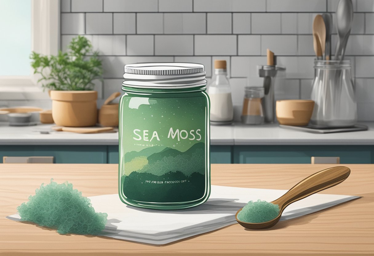 A jar of sea moss gel sits on a kitchen counter, with a spoon next to it. A daily dosage of sea moss gel is shown next to the jar