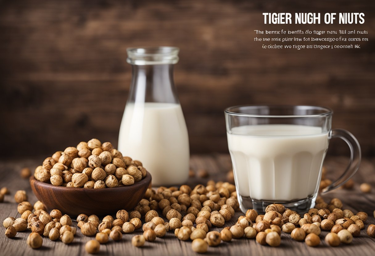 Tiger nuts (Chufa) scattered on a wooden table with a glass of tiger nut milk and a handful of raw tiger nuts. A banner with the words "Benefits of Tiger nuts" in bold letters is displayed in the background