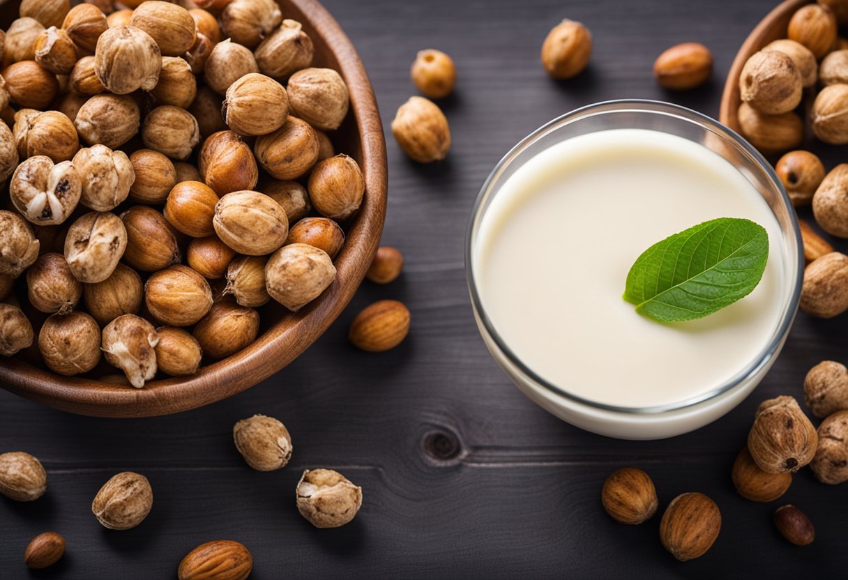 A bowl of tiger nuts surrounded by fresh fruits and a glass of tiger nut milk. A banner with "Health Benefits of Tiger Nuts" displayed