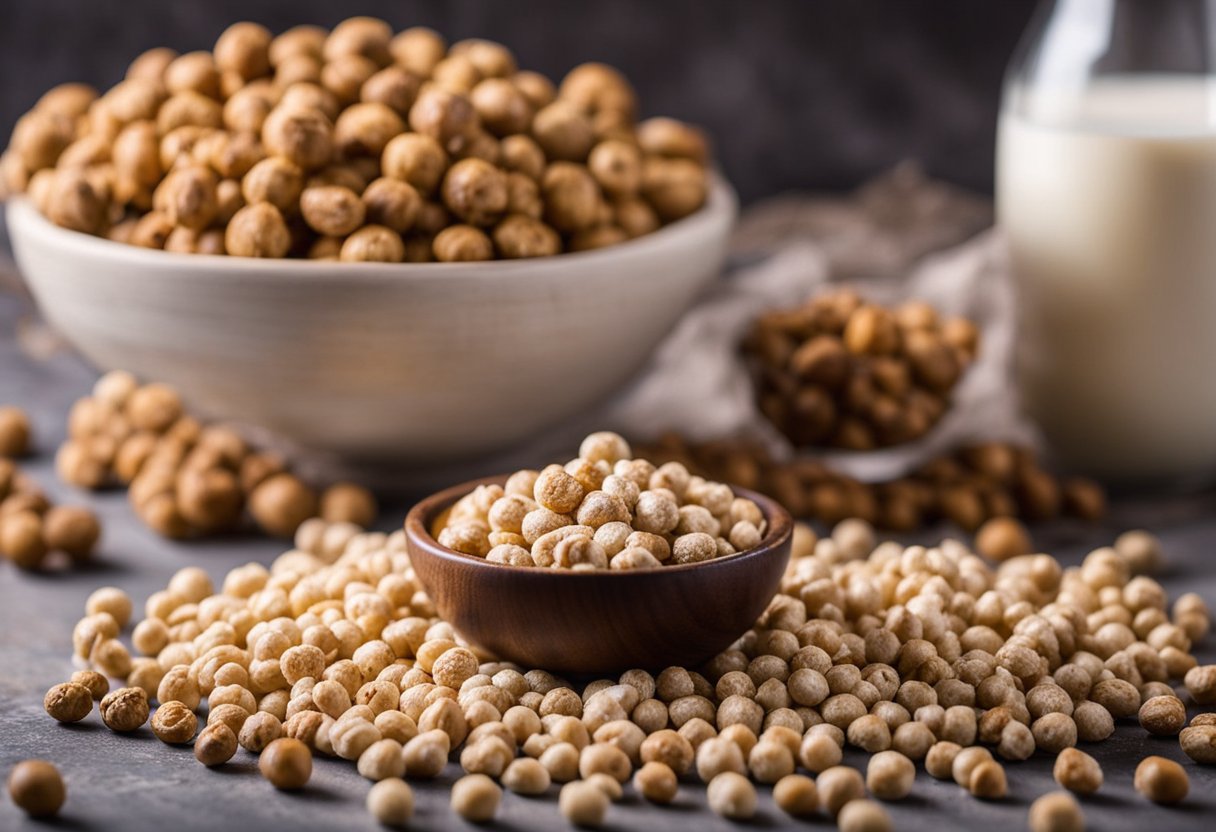 Tiger nuts are being ground into flour using a stone grinder. A bowl of tiger nut milk is being poured into a glass. Tiger nuts are being used in various culinary dishes