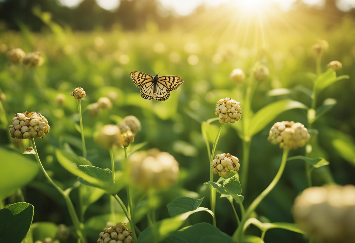 A lush field of tiger nuts growing in rich soil, with bees and butterflies fluttering around the vibrant green plants. The sun shines down, nourishing the sustainable crop