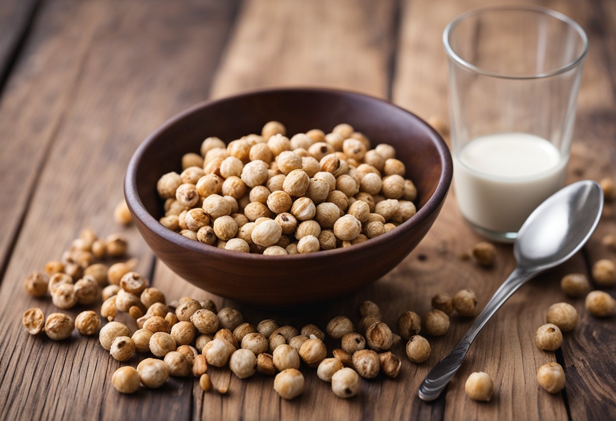 A bowl of tiger nuts sits on a wooden table next to a glass of tiger nut milk. A handful of tiger nuts is scattered around the bowl. A spoonful of tiger nut flour is placed next to the bowl