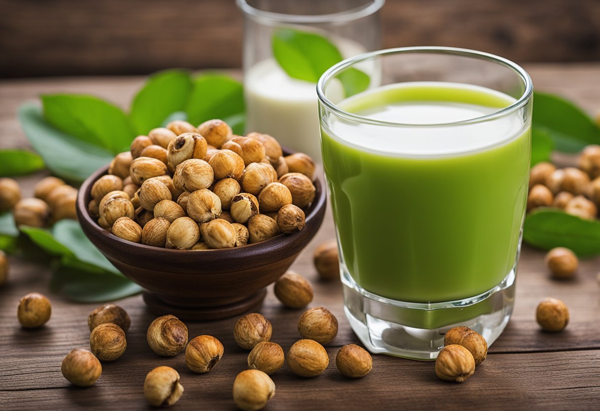 A pile of tiger nuts sits on a wooden table, surrounded by vibrant green leaves. A glass of tiger nut milk is placed next to it, with a few nuts floating on top