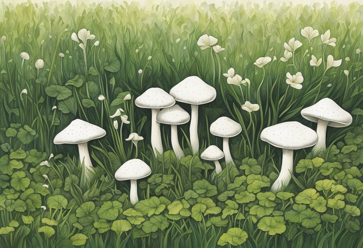 A cluster of white lawn mushrooms sprout from the green grass in a UK garden