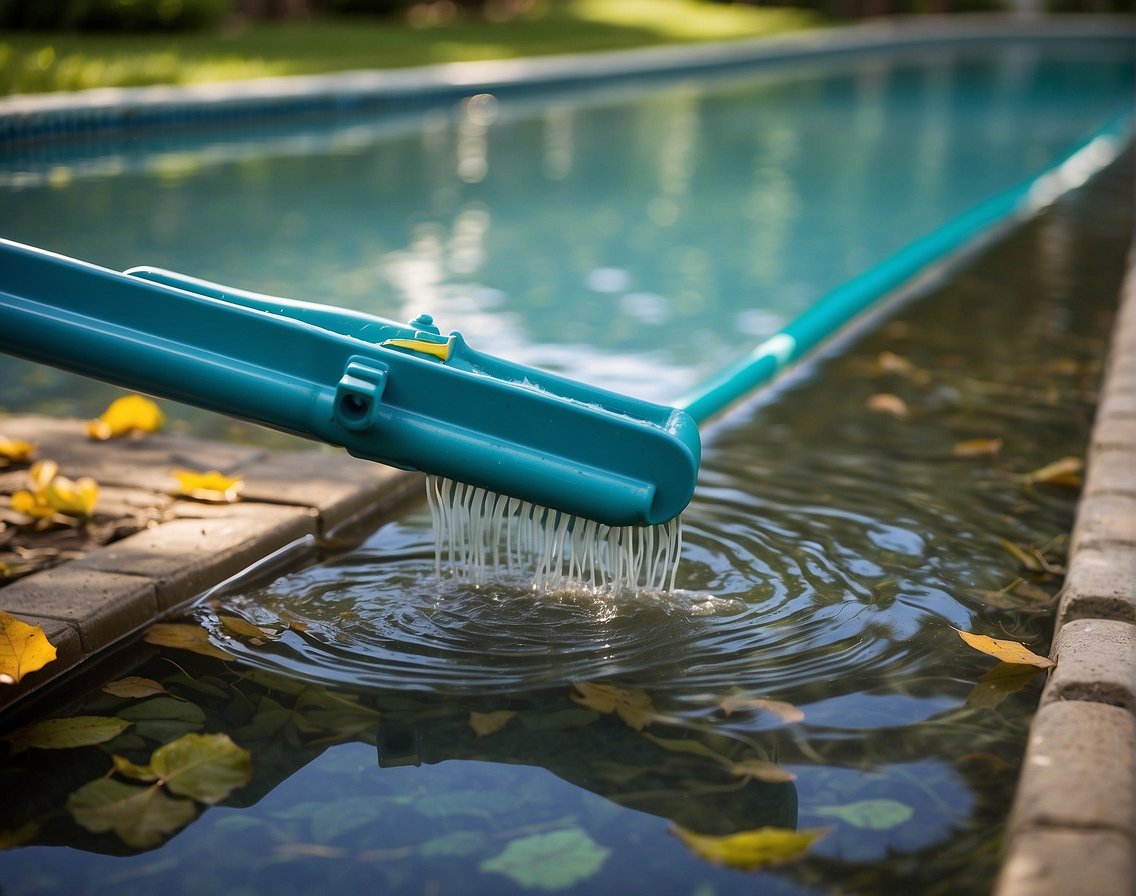 A pool skimmer glides across the water's surface, collecting leaves and debris. A vacuum hose navigates the pool floor, removing dirt and algae. A brush scrubs the walls and corners, ensuring a clean and healthy swimming environment