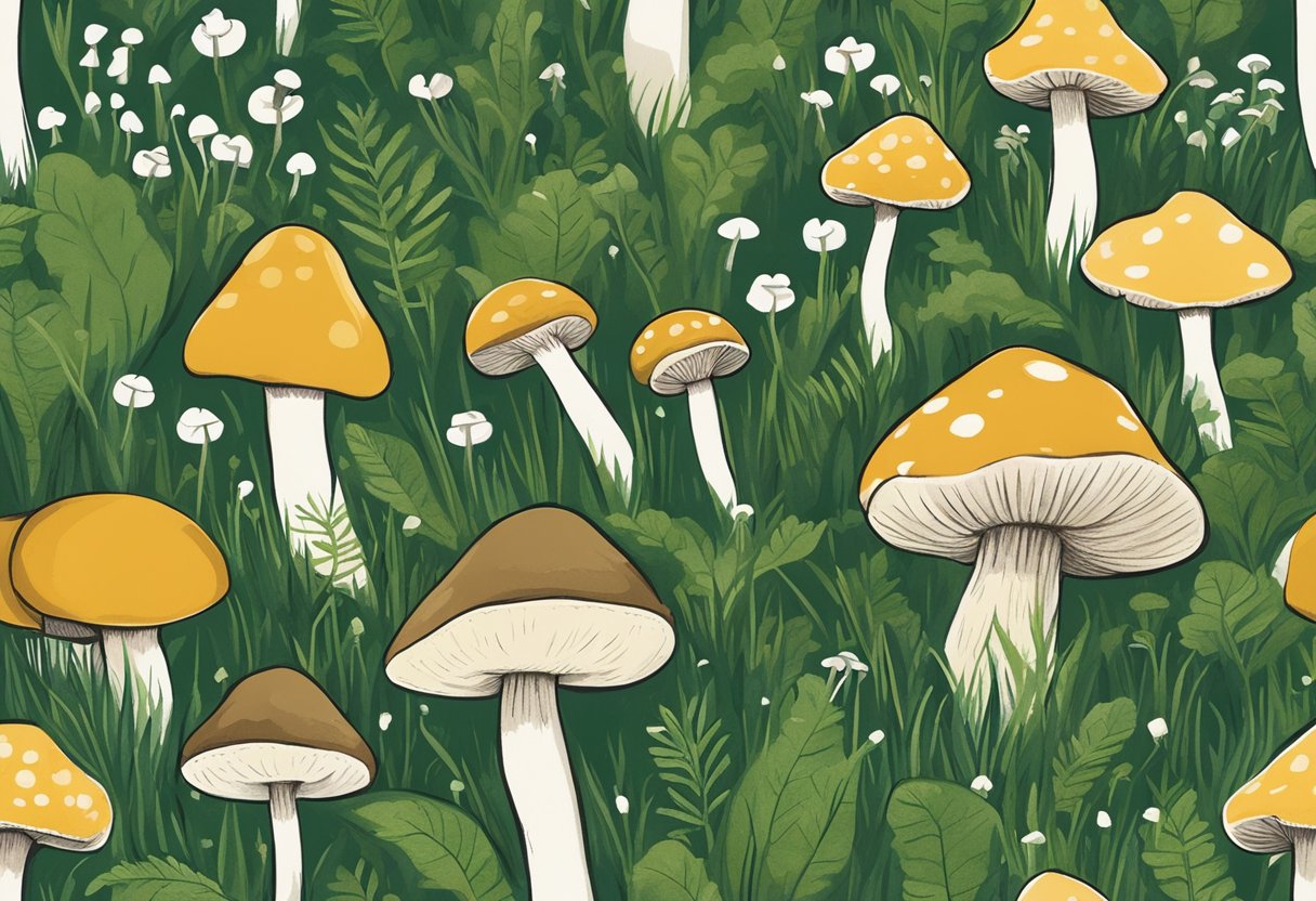 Lush green lawn with scattered mushrooms, some small and white, others larger and brown, surrounded by blades of grass