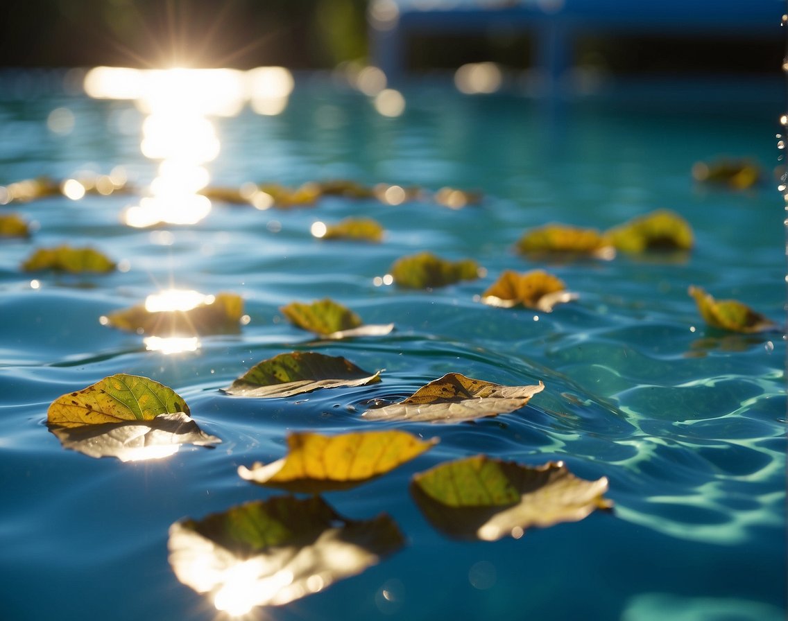 A pool skimmer glides across the water's surface, collecting debris and leaves. The sun shines down, casting a shimmering reflection on the clear, blue water