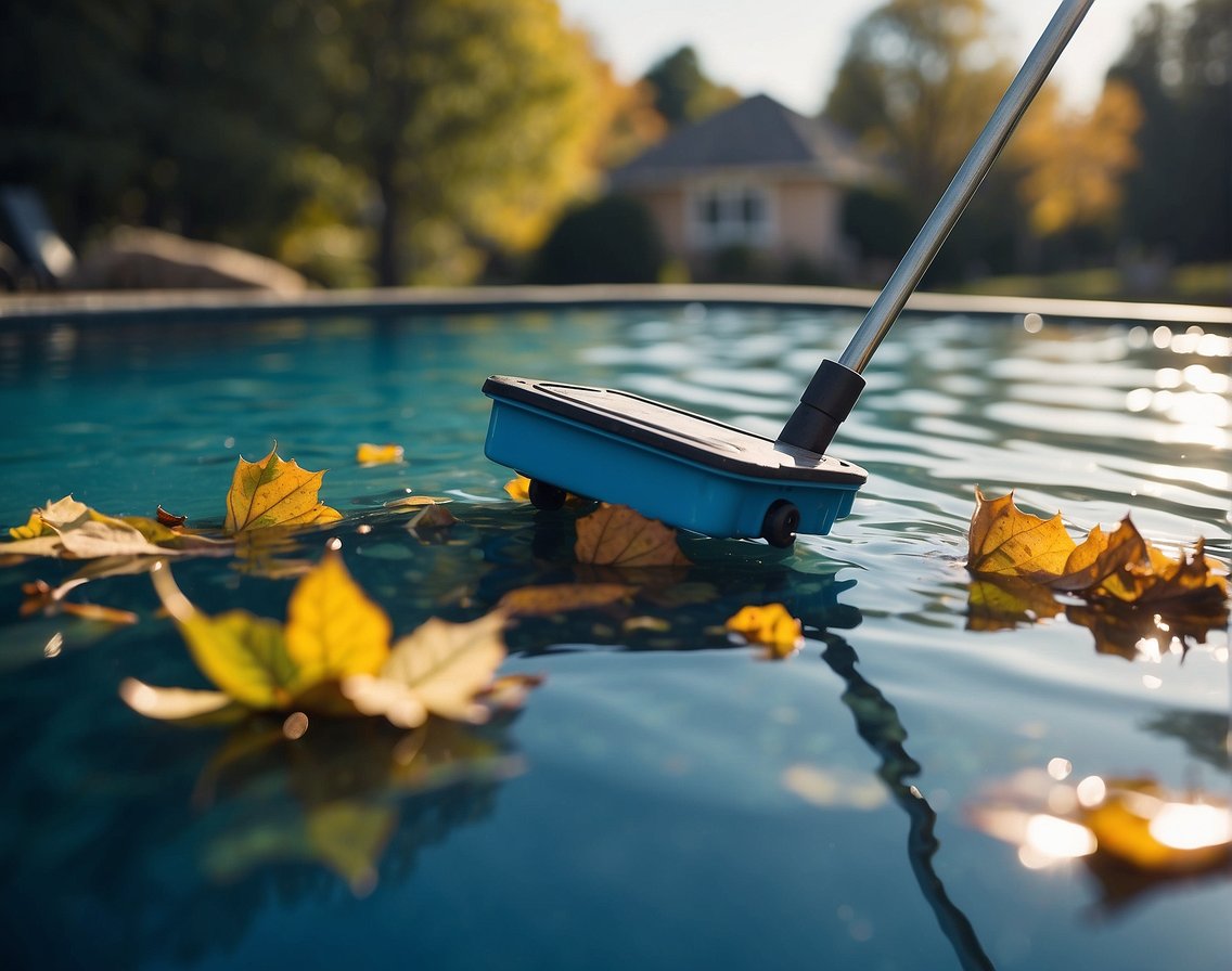 A pool skimmer glides across the water's surface, collecting leaves and debris. A maintenance kit sits nearby with a telescopic pole, brush, and vacuum head