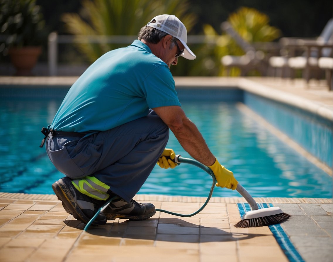 A pool maintenance worker uses a high-pressure hose and scrub brush to clean the tile and grout around the swimming pool, ensuring a sparkling and safe environment for swimmers