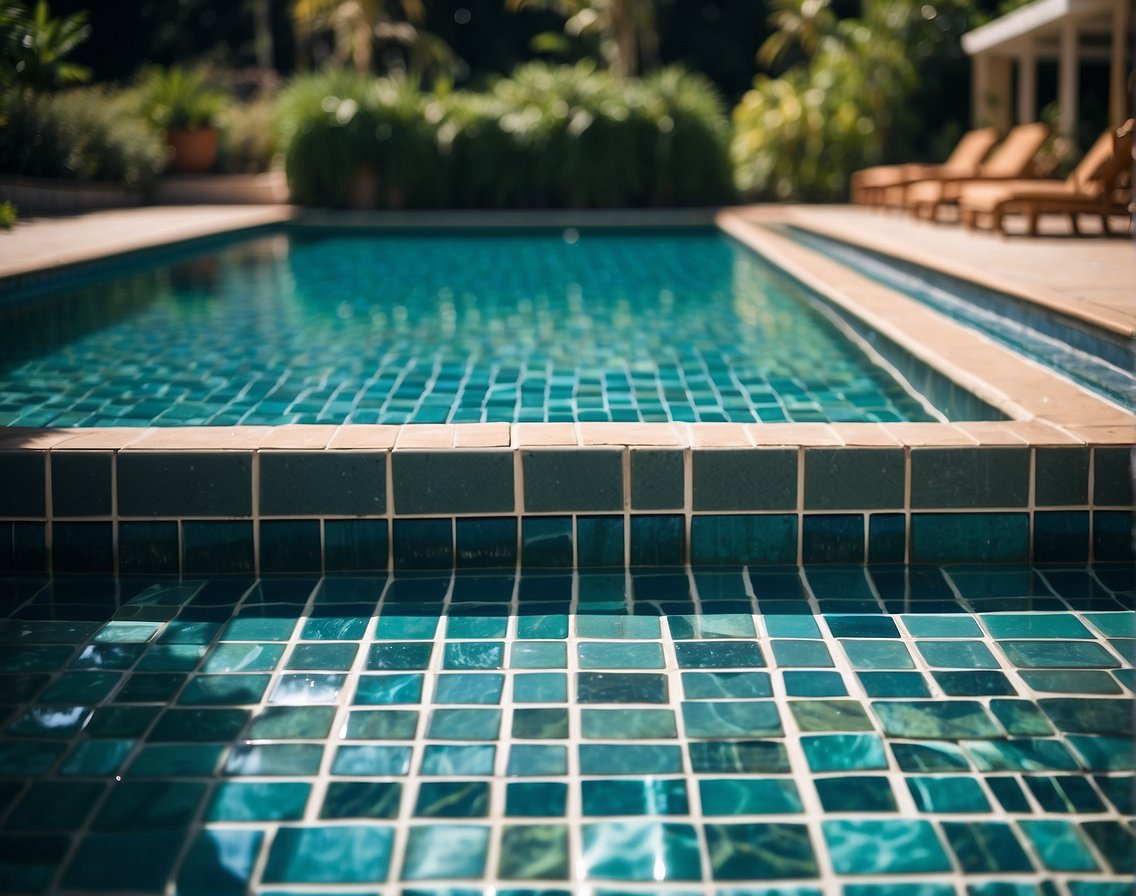 A sparkling swimming pool with clean, shining tiles and grout, surrounded by clear water and vibrant greenery. A maintenance schedule is posted nearby