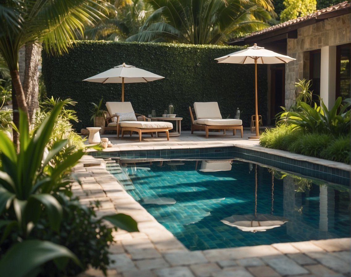 A clean swimming pool with sparkling tiles and grout, surrounded by clear water and lush greenery, showcasing the importance of regular maintenance