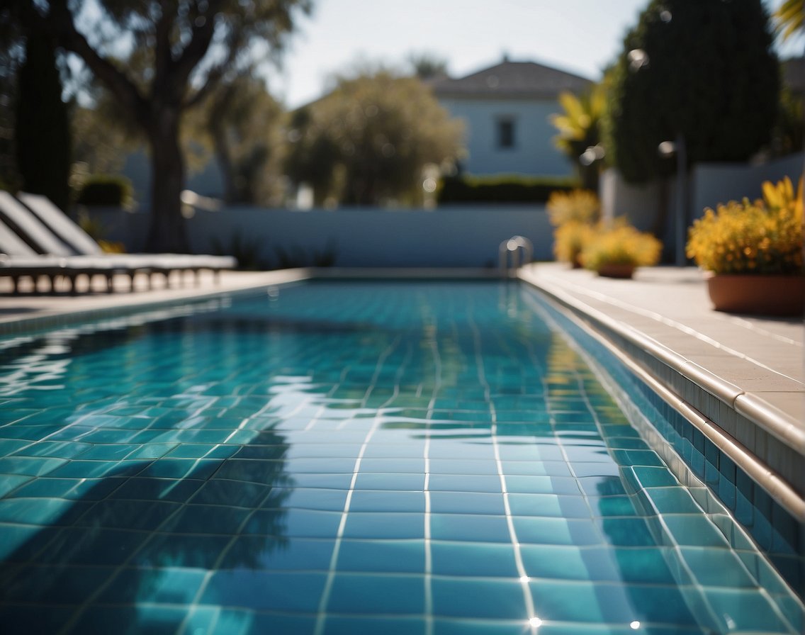 A sparkling swimming pool surrounded by clean, well-maintained tile and grout, with clear blue water reflecting the sunlight