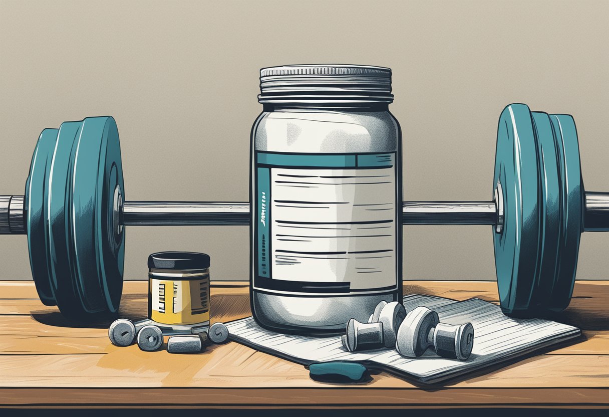 A jar of creatine powder sits next to a weightlifting bench with dumbbells. A tape measure and mirror reflect the bench