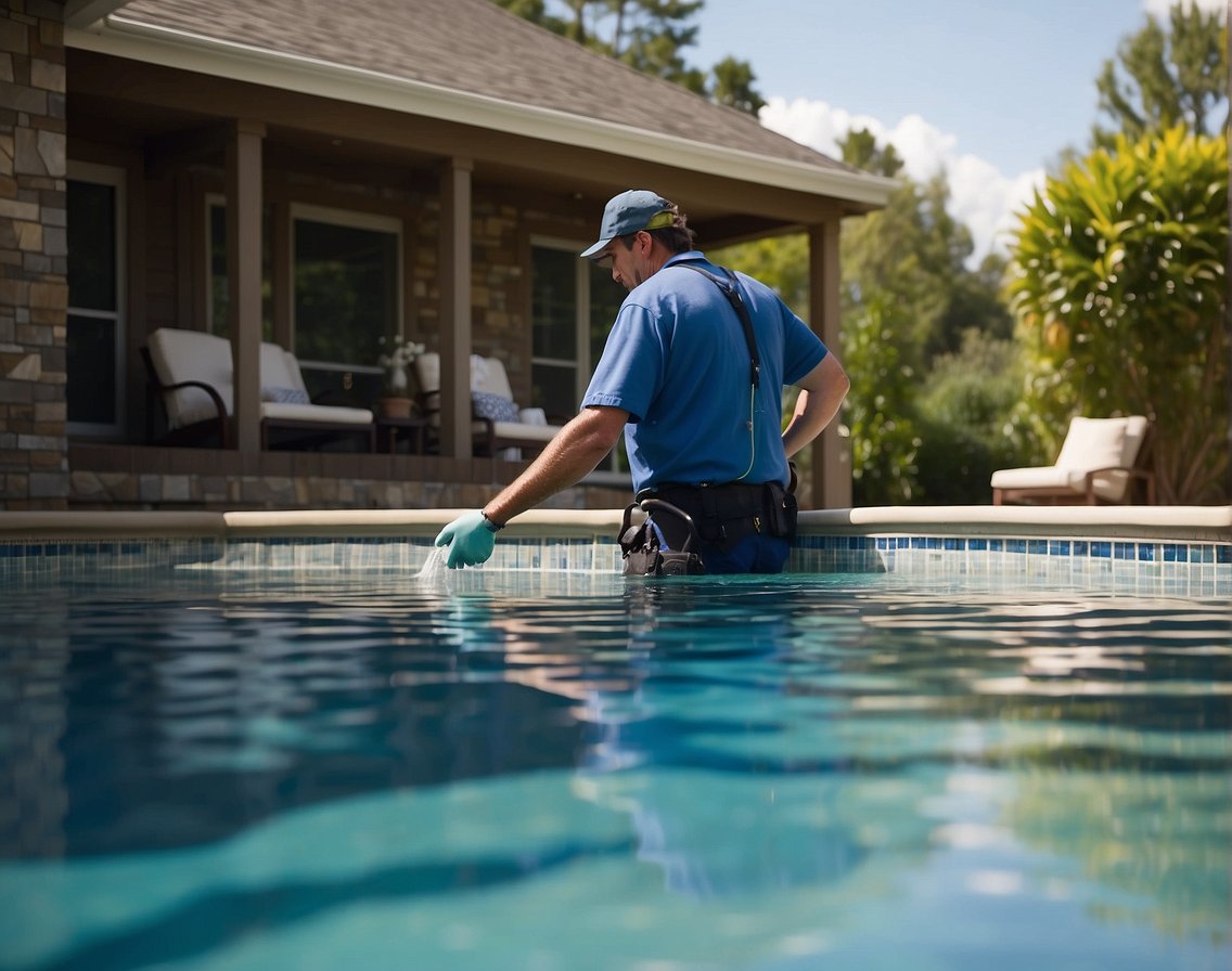 A pool technician uses high-pressure equipment to clean tile and grout around a sparkling pool in Georgia