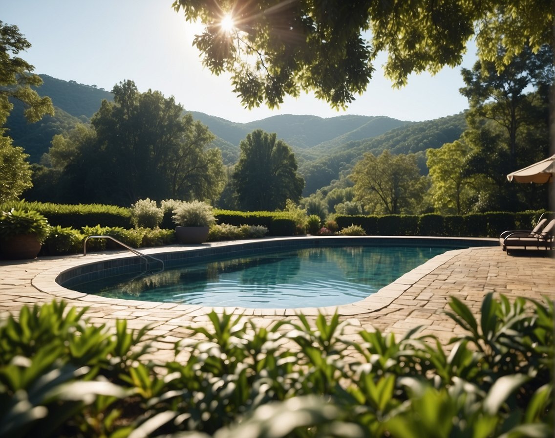 A sparkling pool set against Georgia's rolling hills, with clean, well-maintained tile and grout, surrounded by lush greenery