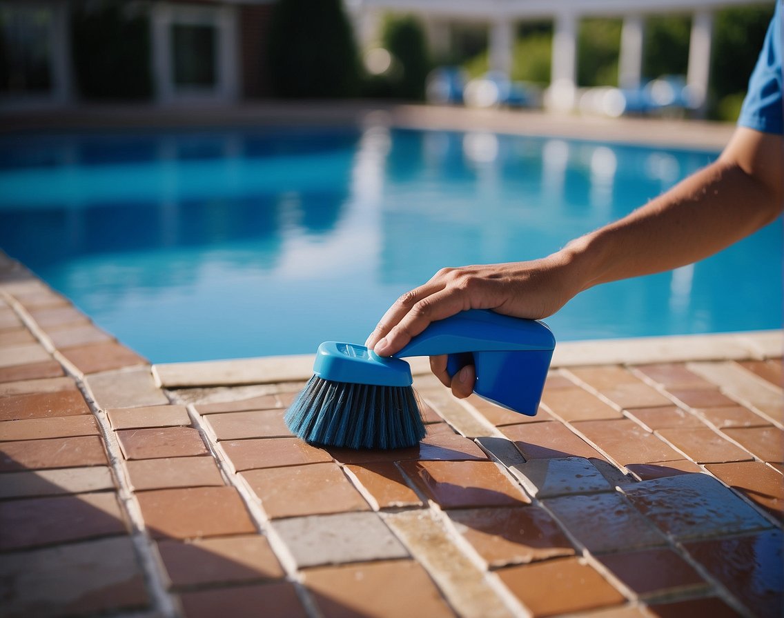 A pool maintenance worker scrubbing tile and grout with a brush and cleaning solution, surrounded by the blue water of a Georgia swimming pool