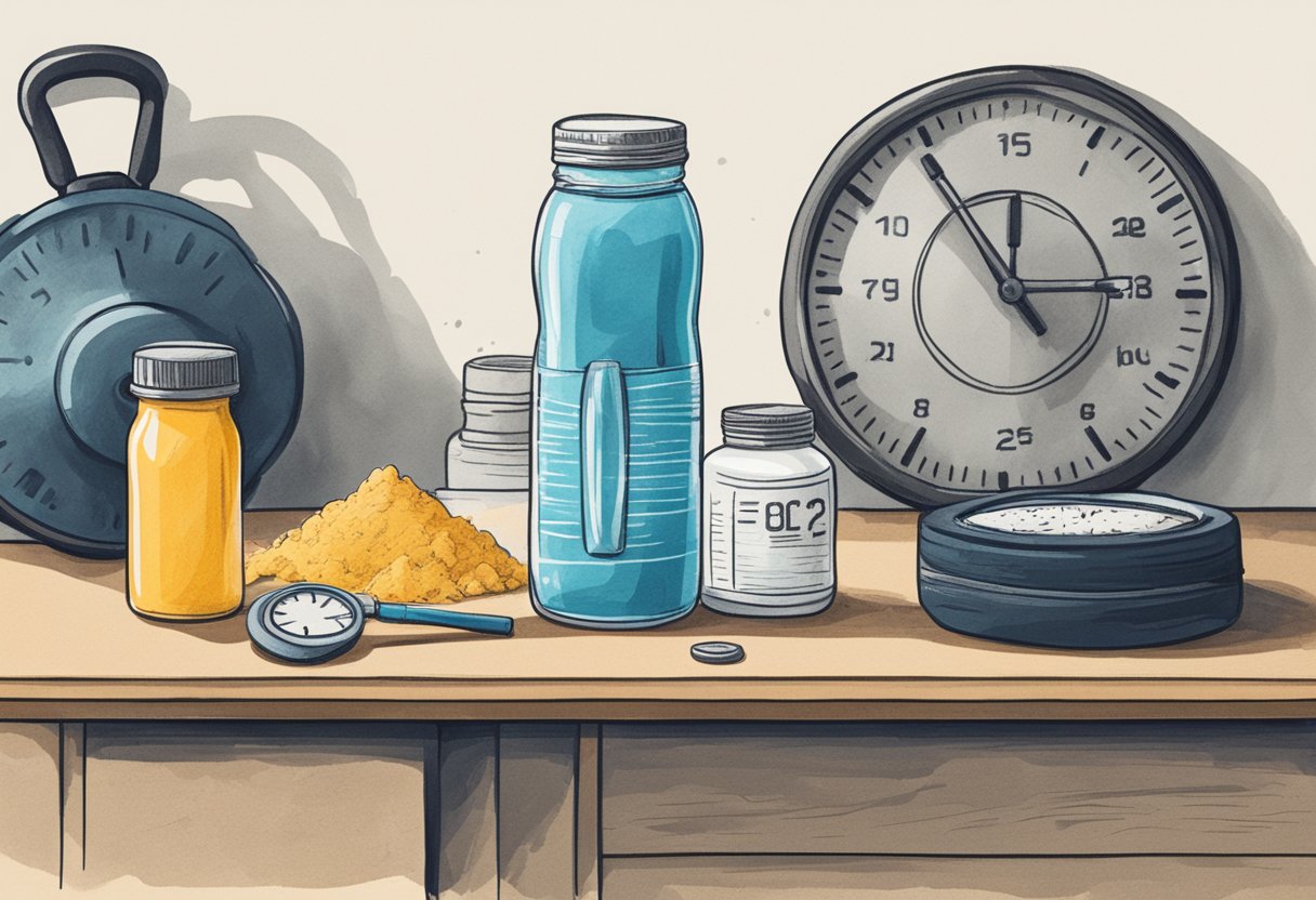 A jar of creatine powder next to a water bottle and a stopwatch, with a weightlifting bench in the background