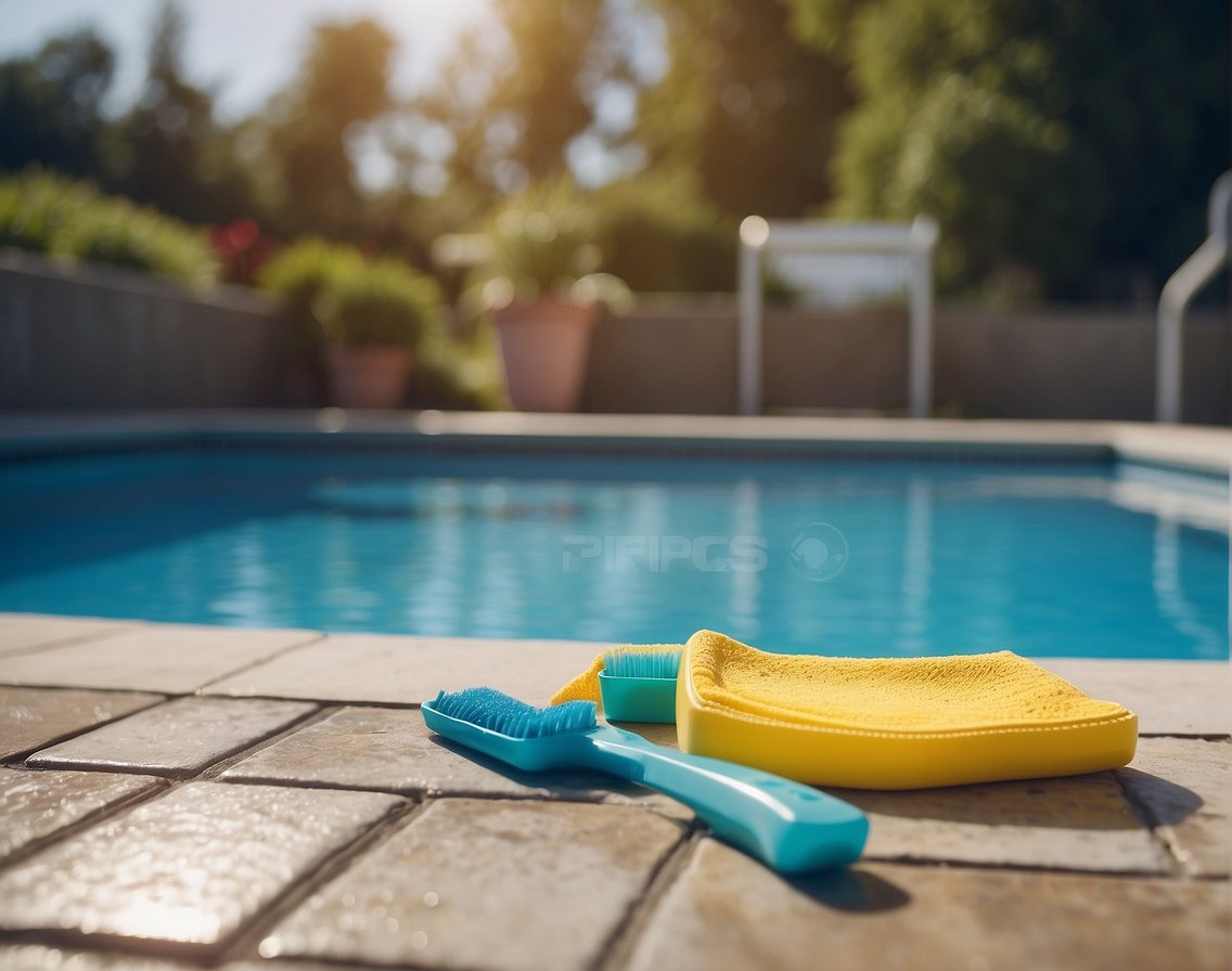 A pool with dirty grout lines, surrounded by maintenance tools and cleaning products. The grout lines are visibly discolored and in need of thorough cleaning