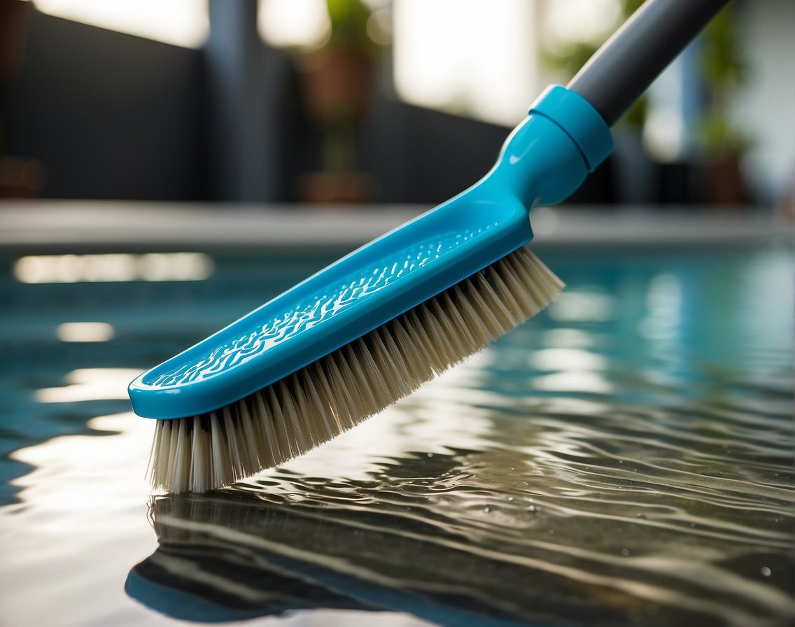 A pool brush vigorously scrubs grout between tiles, while a powerful cleaning solution foams and lifts dirt. A sparkling clean pool emerges