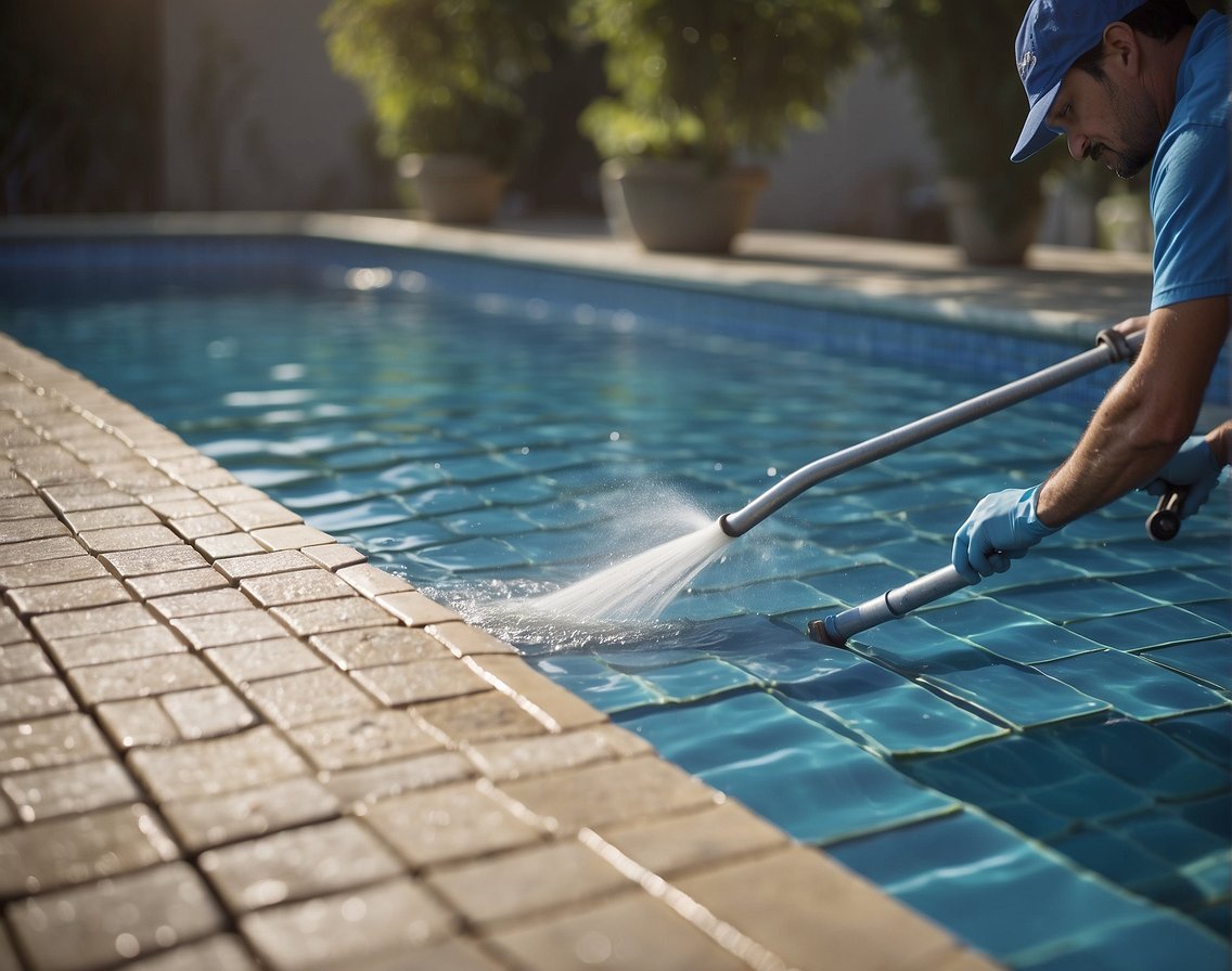 A pool technician applies grout cleaner to the pool tiles, scrubbing away dirt and debris to prevent maintenance issues