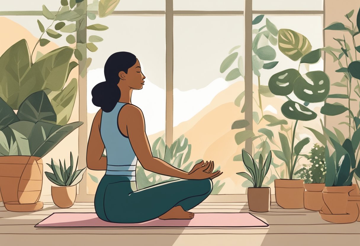 A serene woman practices yoga in a sunlit room, surrounded by plants and natural light. A bottle of hormone-balancing supplement sits nearby