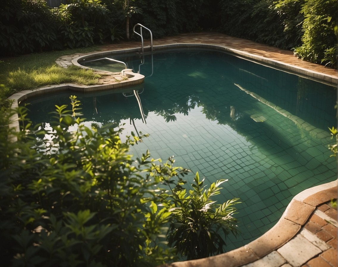 A pool with dirty and stained tiles and grout, surrounded by Georgia's lush greenery. The sun shines down on the neglected pool, highlighting the need for DIY cleaning