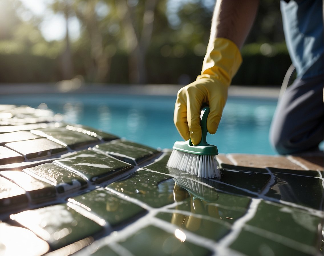 A person pours homemade cleaning solution onto dirty pool tiles, scrubbing with a brush. Grout lines are cleaned with a toothbrush. Georgia sun shines in the background