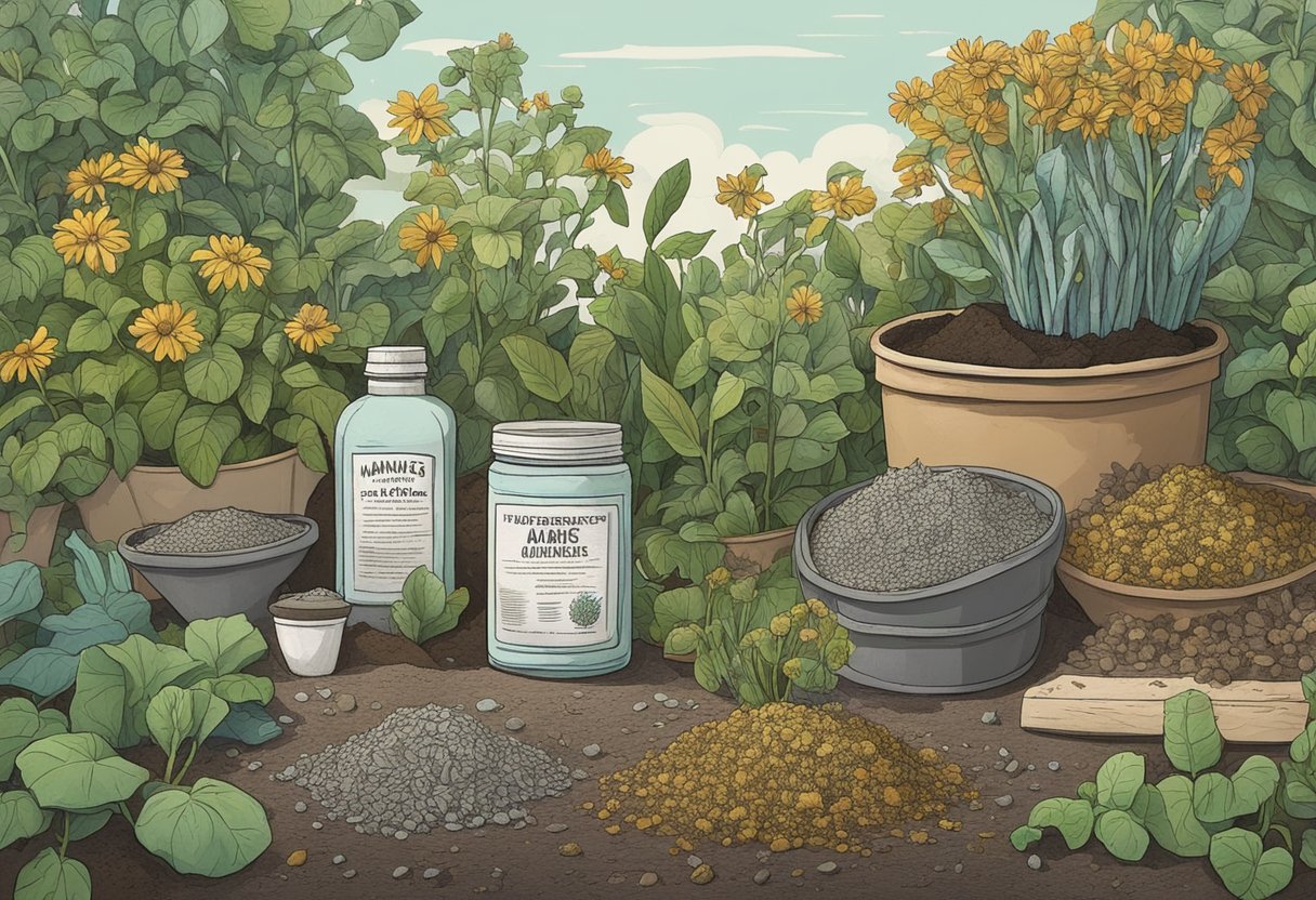 A pile of wilted plants surrounded by empty magnesium supplement bottles, while a thriving garden flourishes next to a pile of manganese-rich organic compost