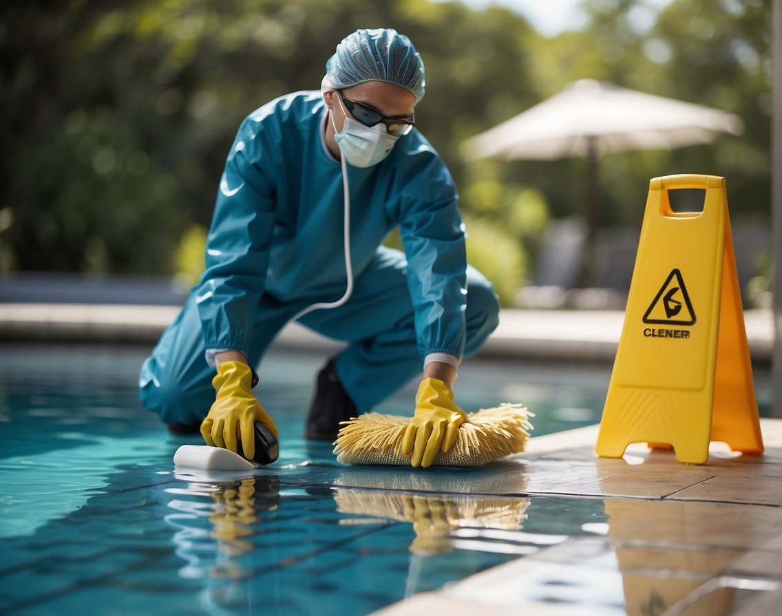A person wearing protective gear cleans pool tiles with a scrub brush and non-toxic cleaner, following safety guidelines. A bucket of water and a towel are nearby