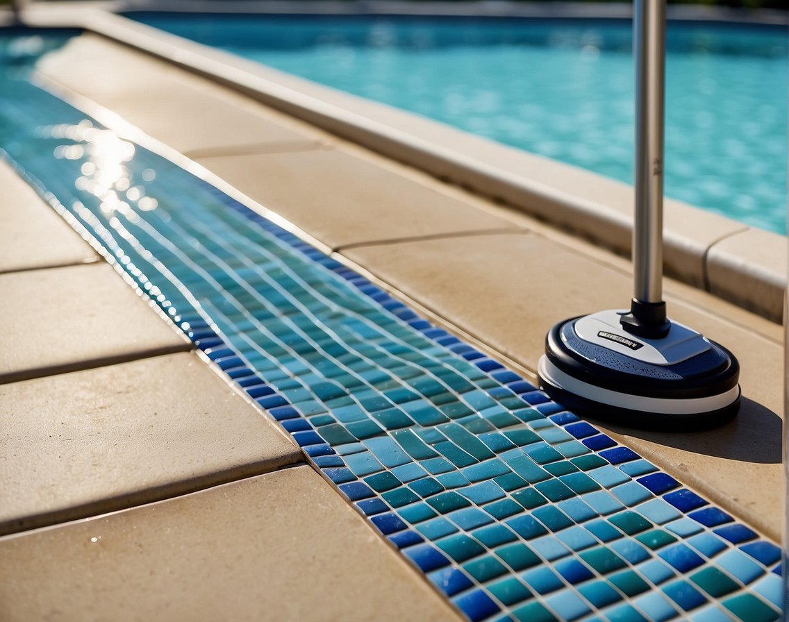 A poolside in Georgia with a tiled surface and grout lines, showcasing DIY cleaning tools and products. Sunshine and blue water in the background