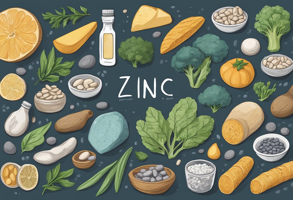 Zinc and magnesium: essential minerals for body function. Show a bottle of zinc and magnesium supplements next to a variety of foods rich in these minerals