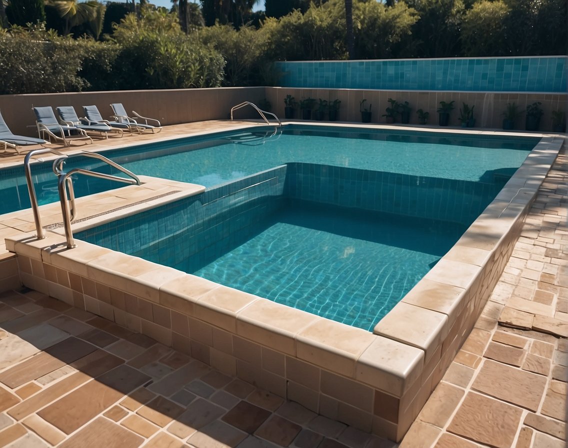 A pool with clean, well-maintained grout lines, surrounded by clear water and vibrant tiles, showcasing the importance of grout maintenance for pool longevity and preventing contamination