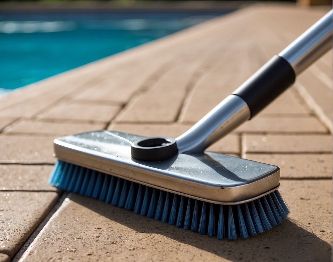 A brush vigorously scrubs grout between pool tiles, removing dirt and preventing contamination