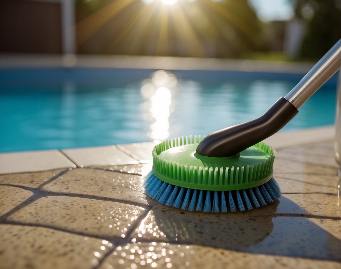 A pool brush scrubbing pool tiles with a cleaning solution in a circular motion, removing dirt and algae buildup. Sunlight shines on the sparkling clean tiles