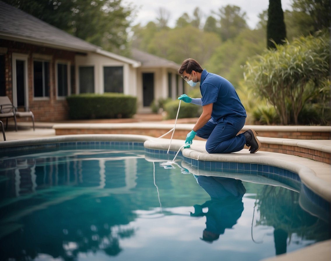 A person testing pool water chemistry with test kit, scrubbing pool tiles with brush, and adding chemicals in a clean and hygienic pool environment in Georgia