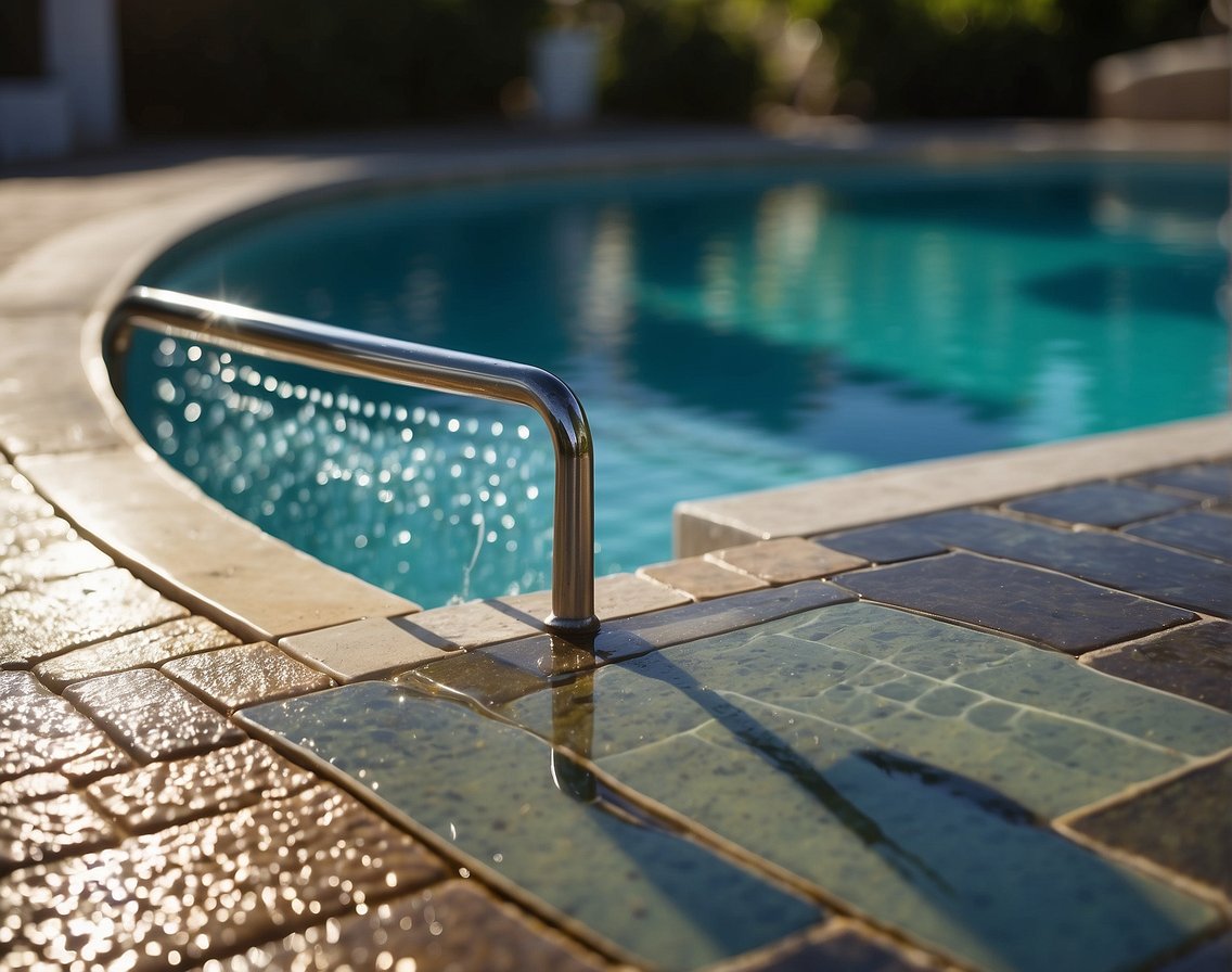 Clean pool tiles in Georgia, with a brush scrubbing away dirt and grime. Sunlight shines on the sparkling surface, ensuring longevity