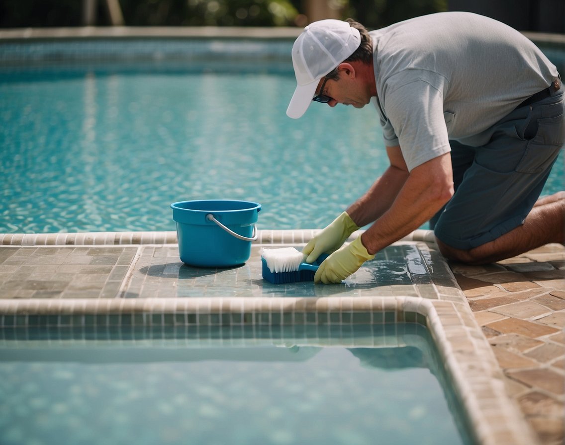 A person scrubbing pool tiles with a brush and cleaner, surrounded by a well-maintained pool area in Georgia