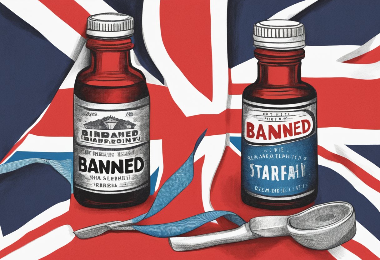 A red "banned" stamp over a GABA supplement bottle with a UK flag in the background