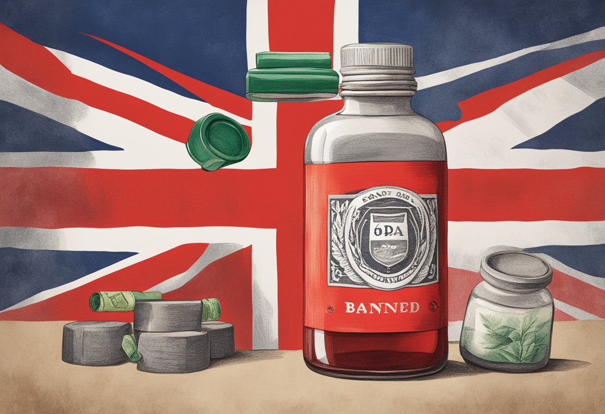 A red "banned" stamp over a GABA supplement bottle in front of a UK flag