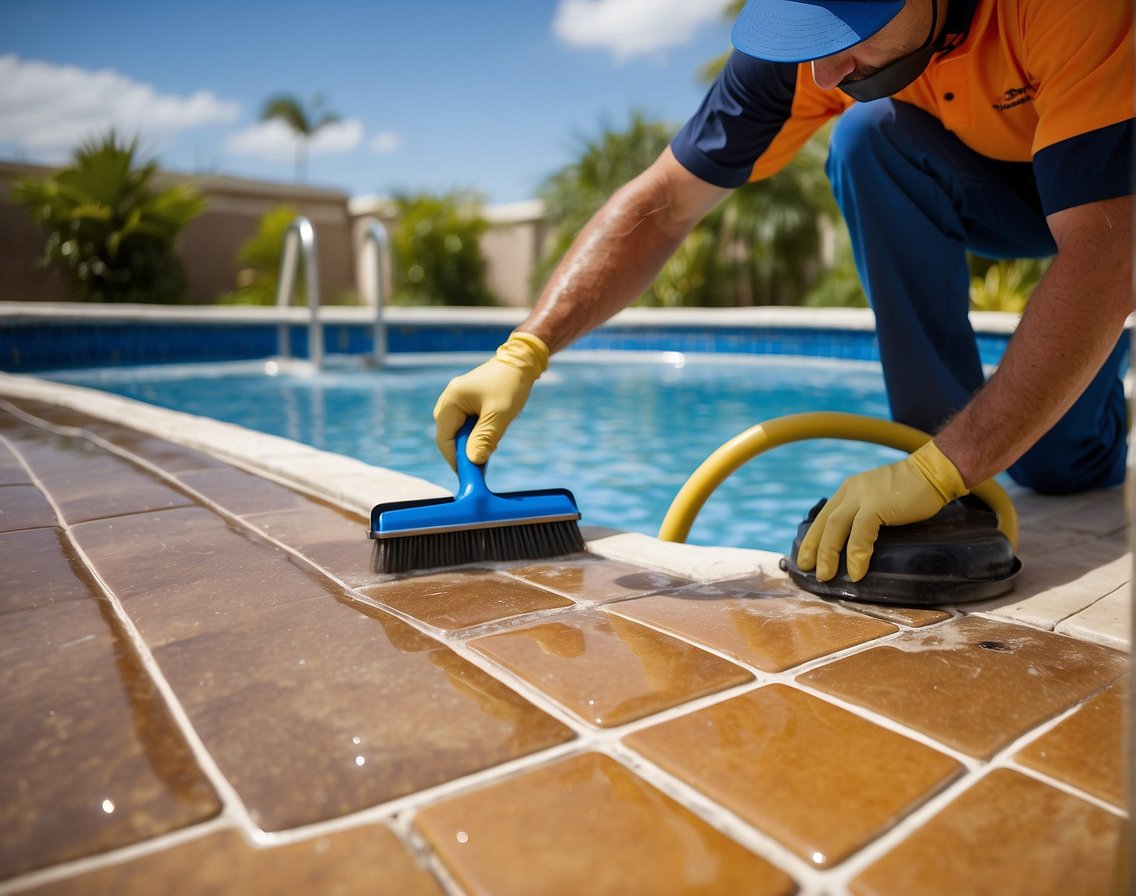 A pool maintenance expert carefully cleans tile and grout, using specialized tools and techniques to ensure a sparkling and hygienic swimming pool environment