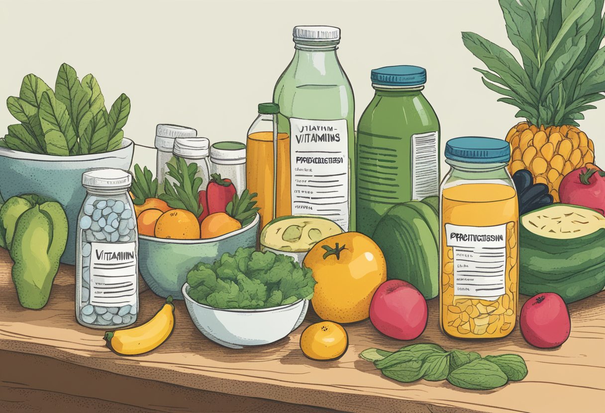 A table with assorted fruits, vegetables, and supplements labeled "Vitamins for Digestion." An open bottle of probiotics sits next to a glass of water