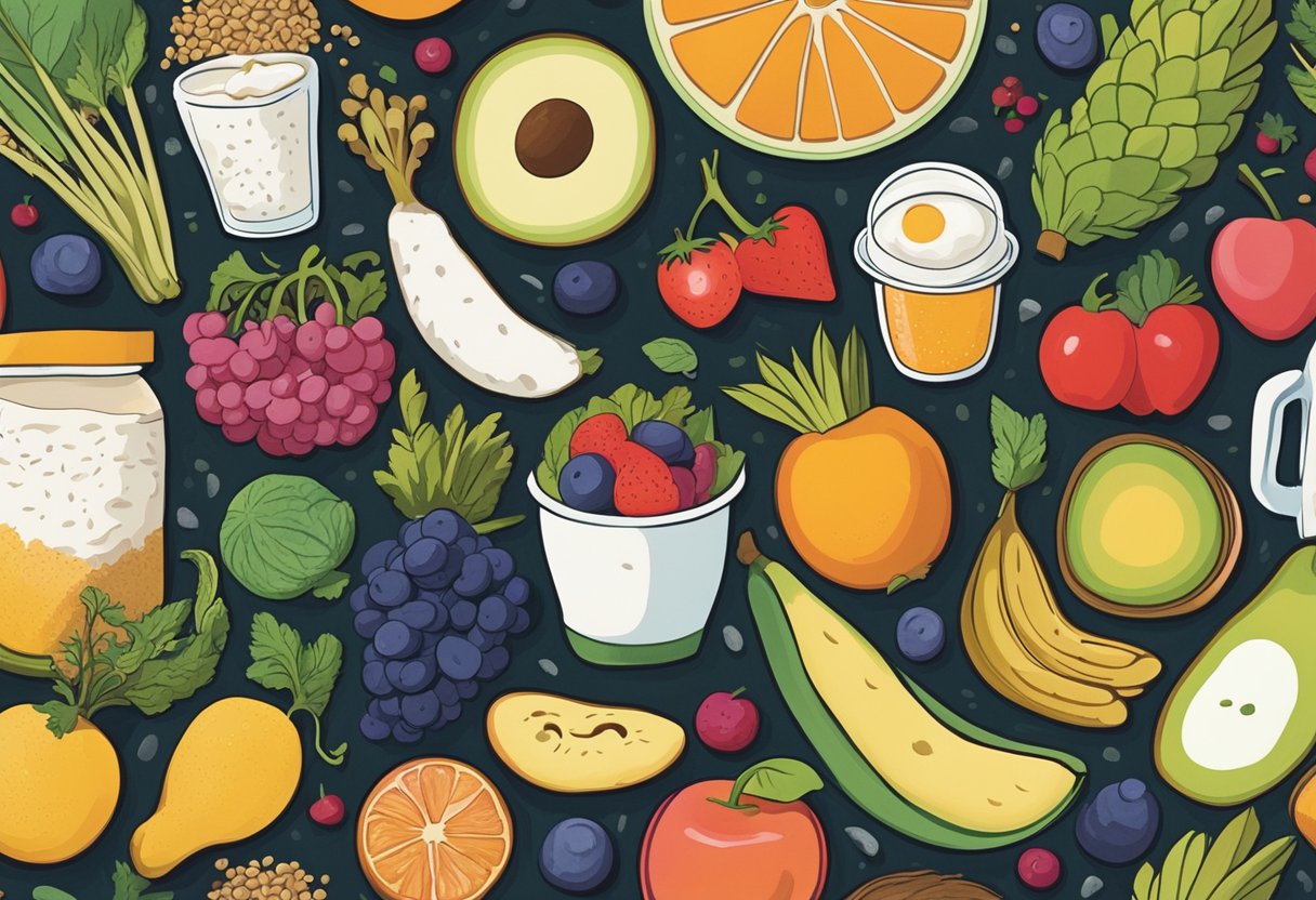 A colorful array of fruits, vegetables, and whole grains, surrounded by vibrant probiotic-rich foods like yogurt and kefir, all set against a backdrop of a glowing digestive system