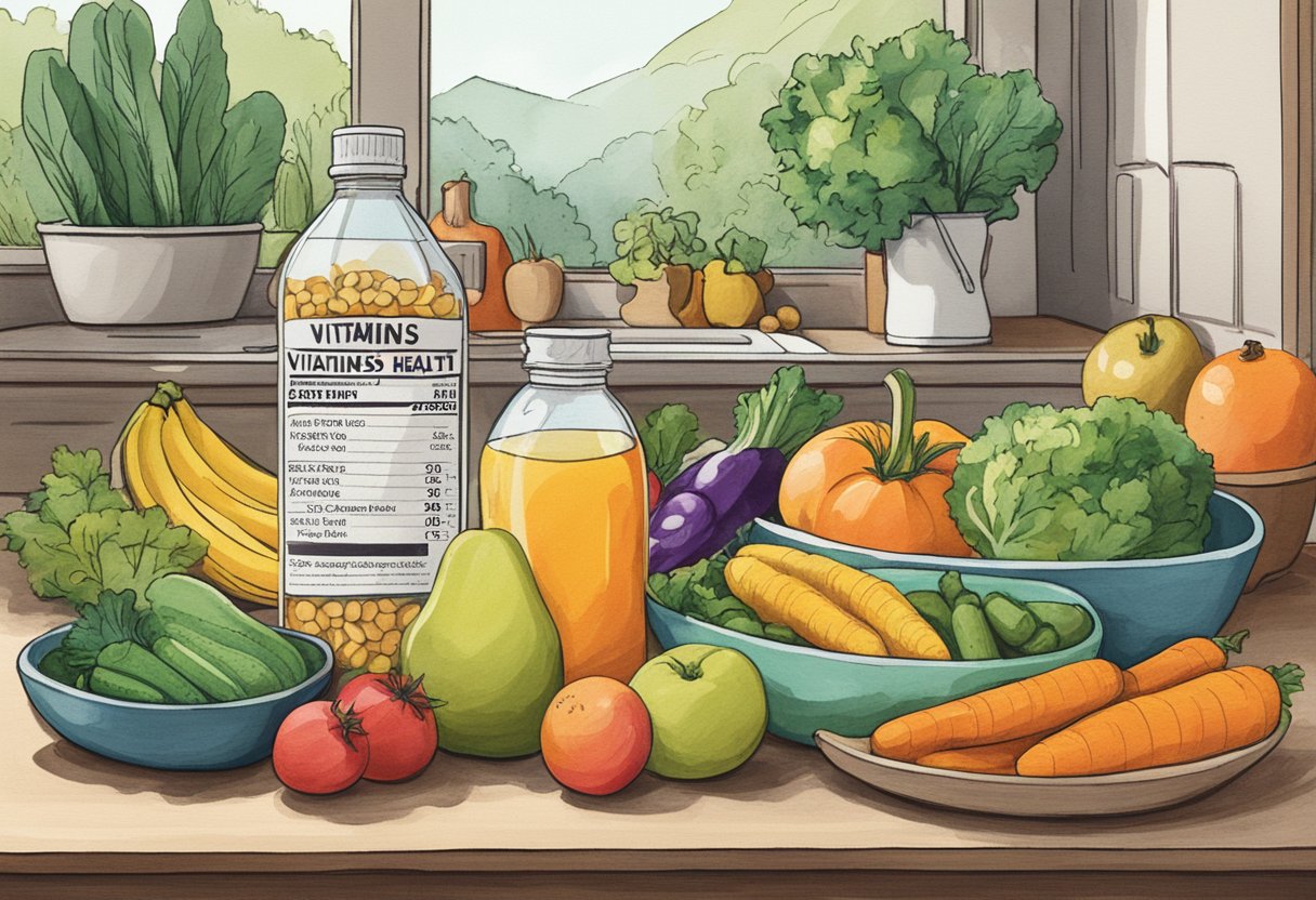 A bottle of vitamins labeled "Digestive Health" sits on a kitchen counter next to a bowl of fresh fruits and vegetables. A glass of water is nearby