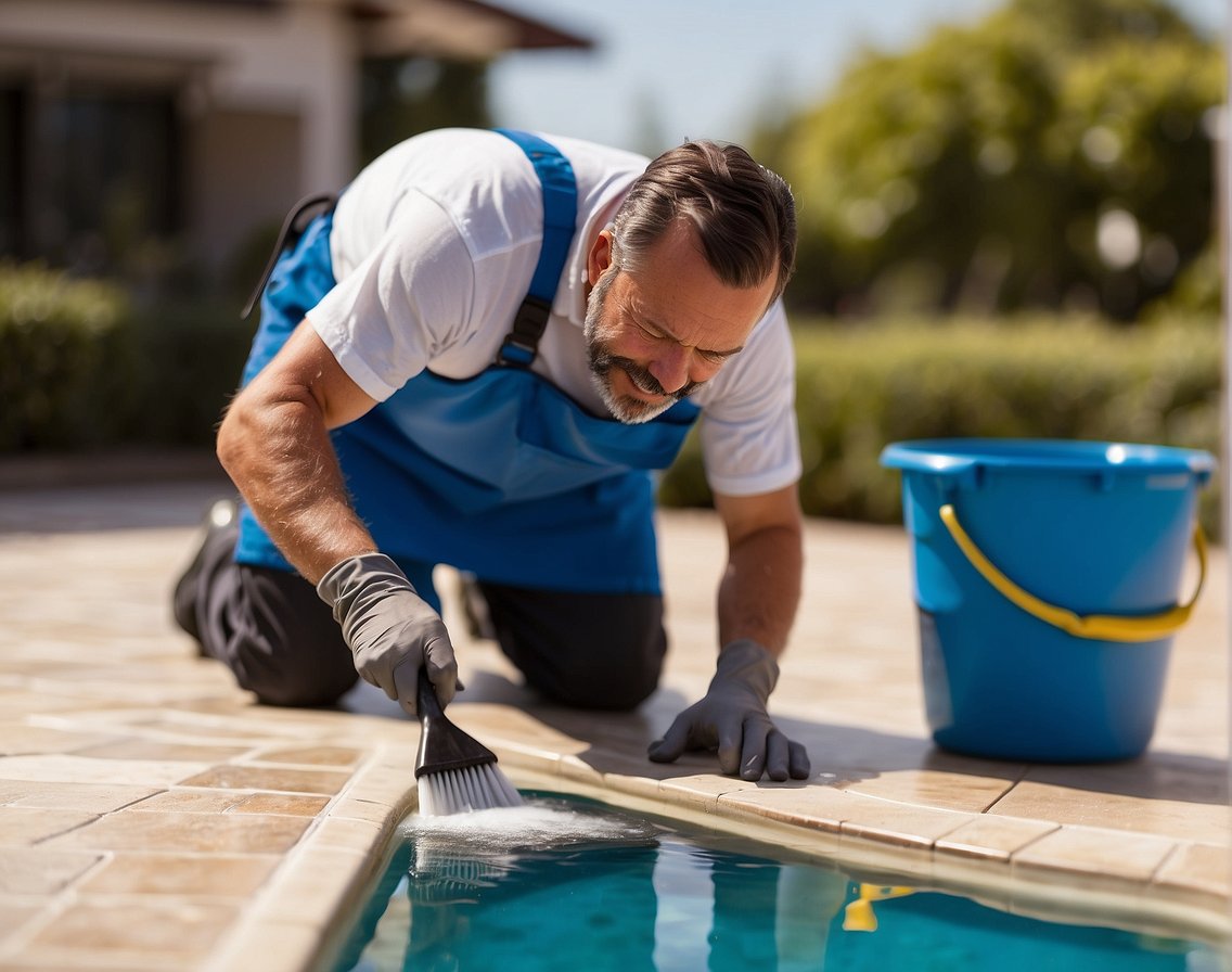 A pool maintenance technician scrubbing tiles and grout with a brush and cleaning solution, ensuring the integrity of the pool's structure
